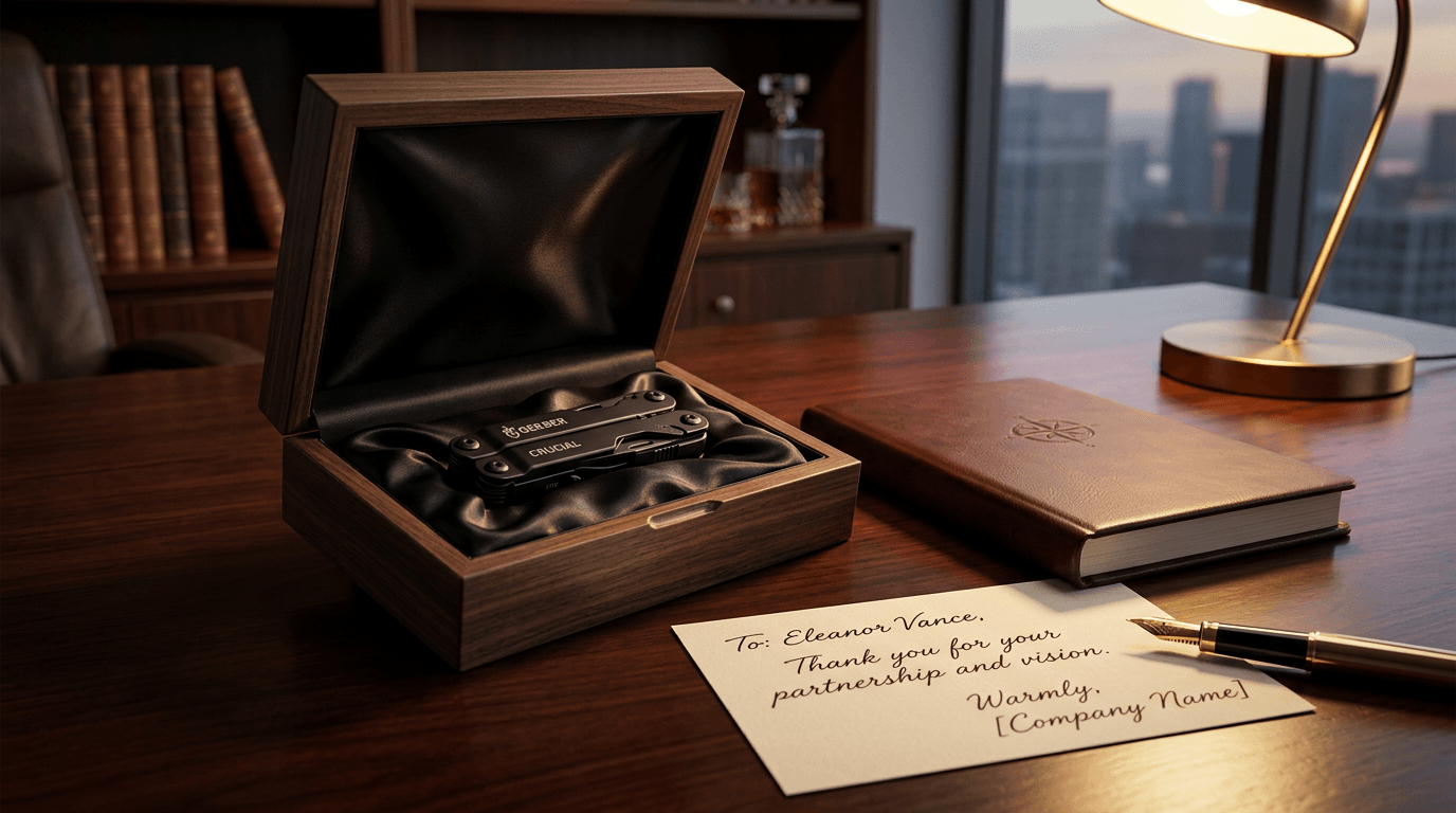 Canivete multifuncional personalizado sobre caixa de madeira com cartão manuscrito ao lado