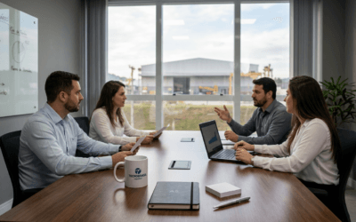 Mesa de reunião em uma indústria de Santa Catarina com canecas cerâmicas personalizadas e notebook