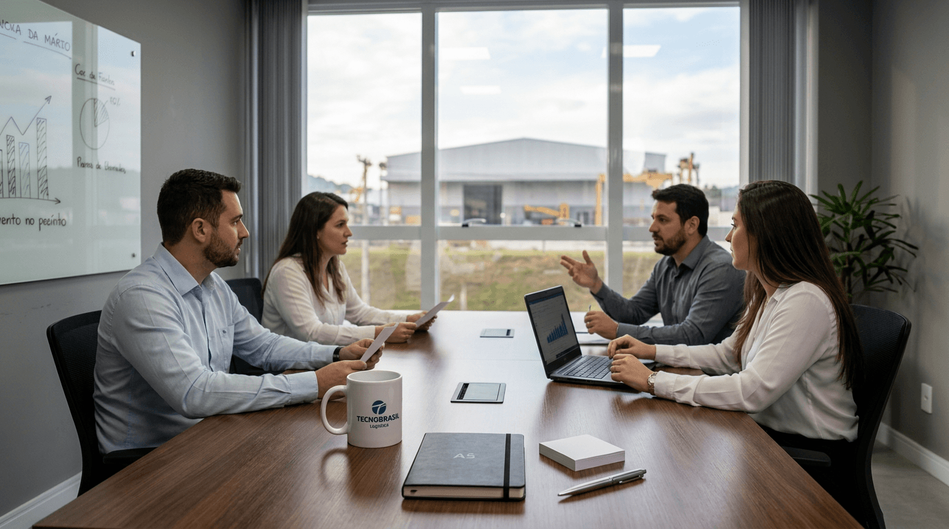 Mesa de reunião em uma indústria de Santa Catarina com canecas cerâmicas personalizadas e notebook