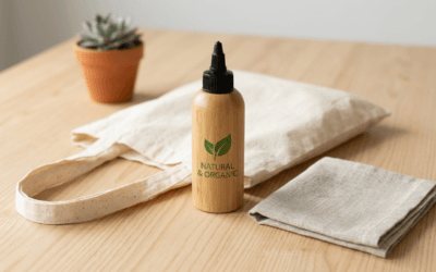 Squeeze de bambu com ecobag de algodão cru sobre fundo de madeira clara e plantas desfocadas ao fundo