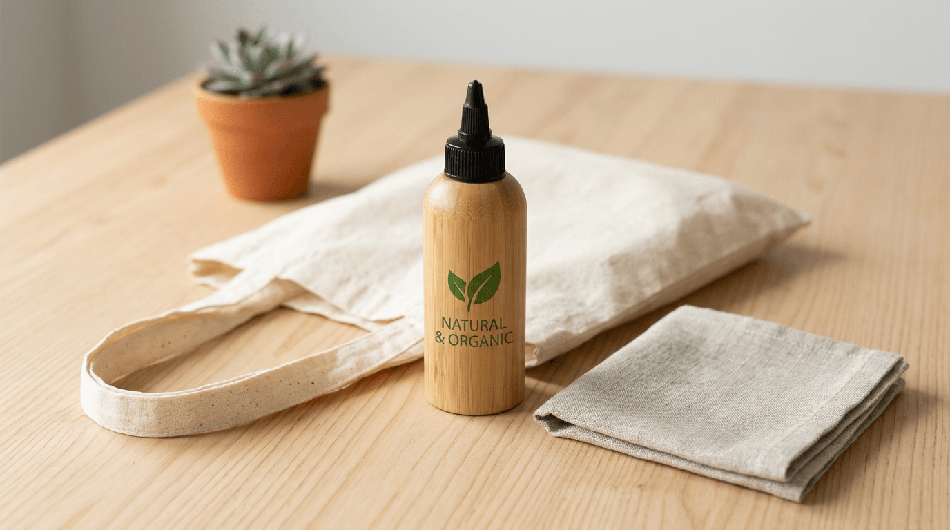 Squeeze de bambu com ecobag de algodão cru sobre fundo de madeira clara e plantas desfocadas ao fundo