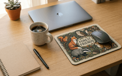 Mouse pad personalizado com logo sobre mesa de escritório moderno com caneca e caderno
