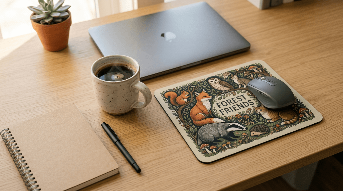 Mouse pad personalizado com logo sobre mesa de escritório moderno com caneca e caderno