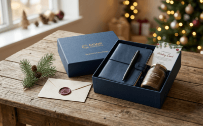 Kit de Natal corporativo com caneca, caderno e kit gourmet sobre mesa de madeira com decoração natalina sutil