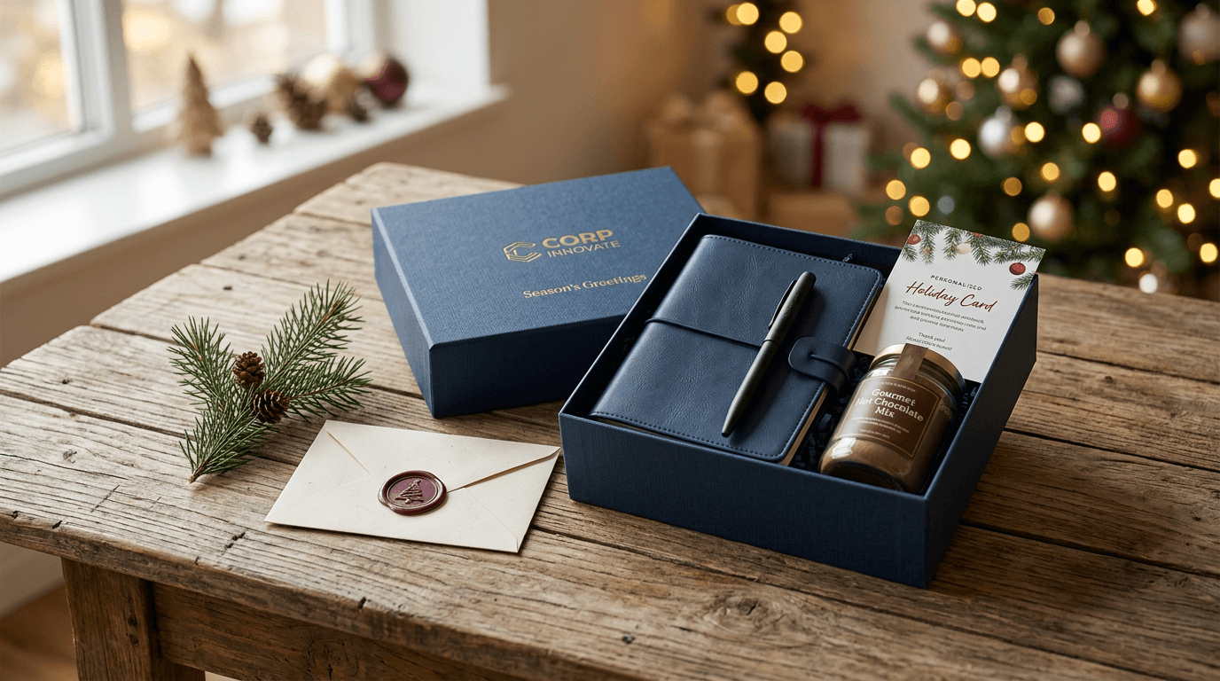 Kit de Natal corporativo com caneca, caderno e kit gourmet sobre mesa de madeira com decoração natalina sutil