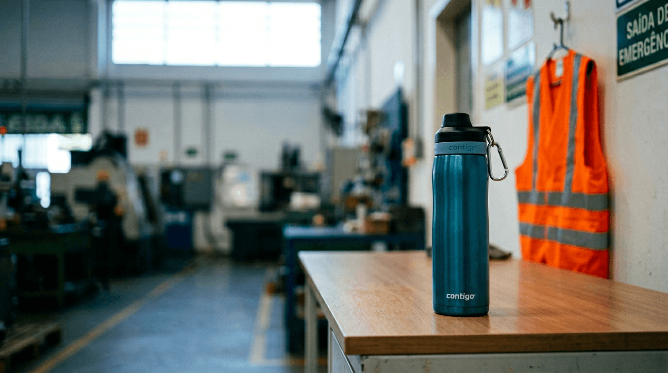 Garrafa térmica personalizada sobre mesa de fábrica com capacete de segurança e colete refletivo ao fundo
