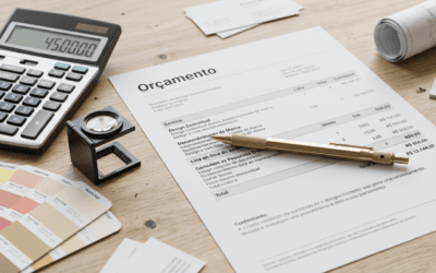 Caneta metálica personalizada com gravação a laser ao lado de ficha de orçamento e calculadora