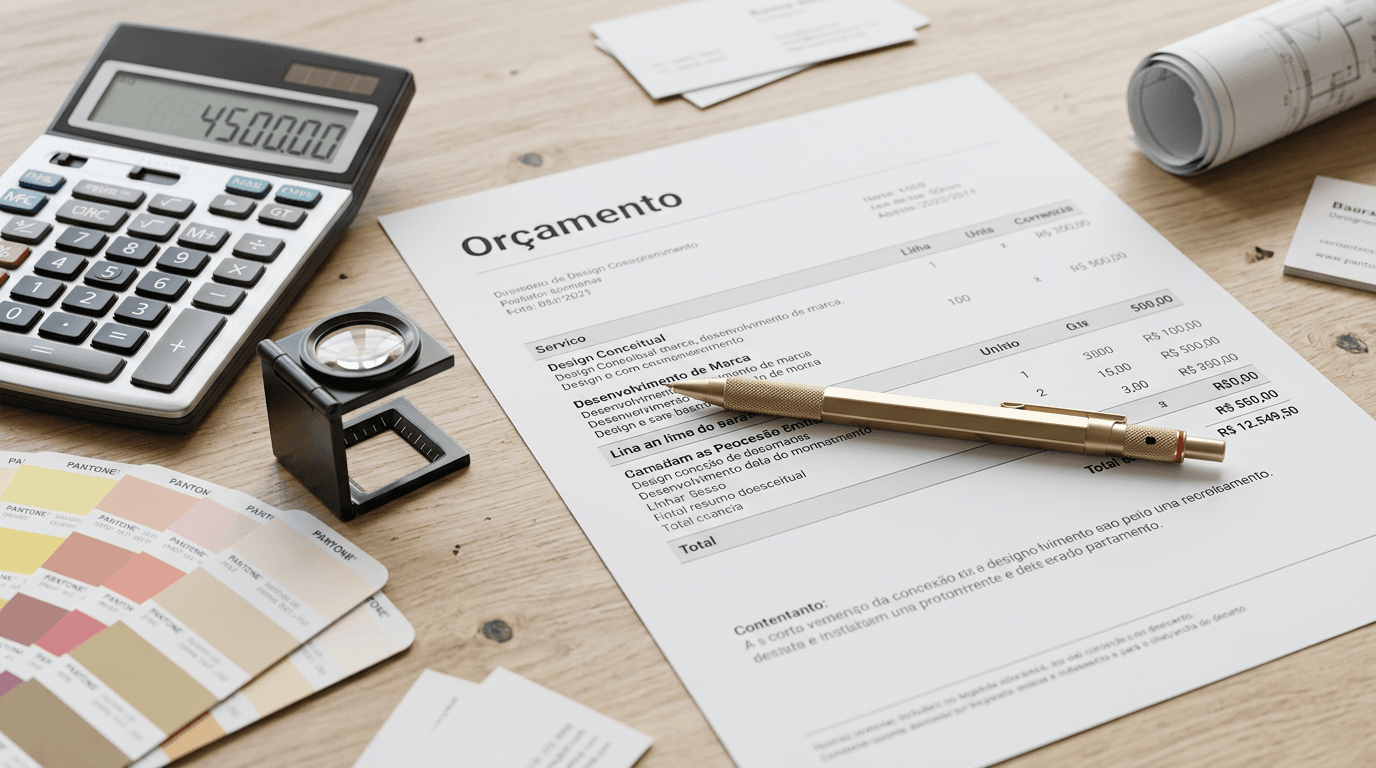 Caneta metálica personalizada com gravação a laser ao lado de ficha de orçamento e calculadora