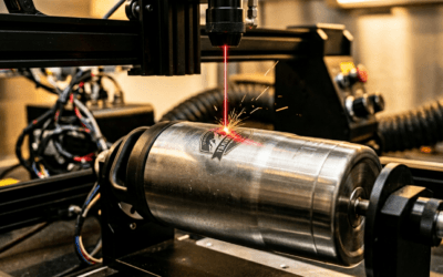 Caneca de inox com gravação a laser em detalhe sobre mesa de oficina