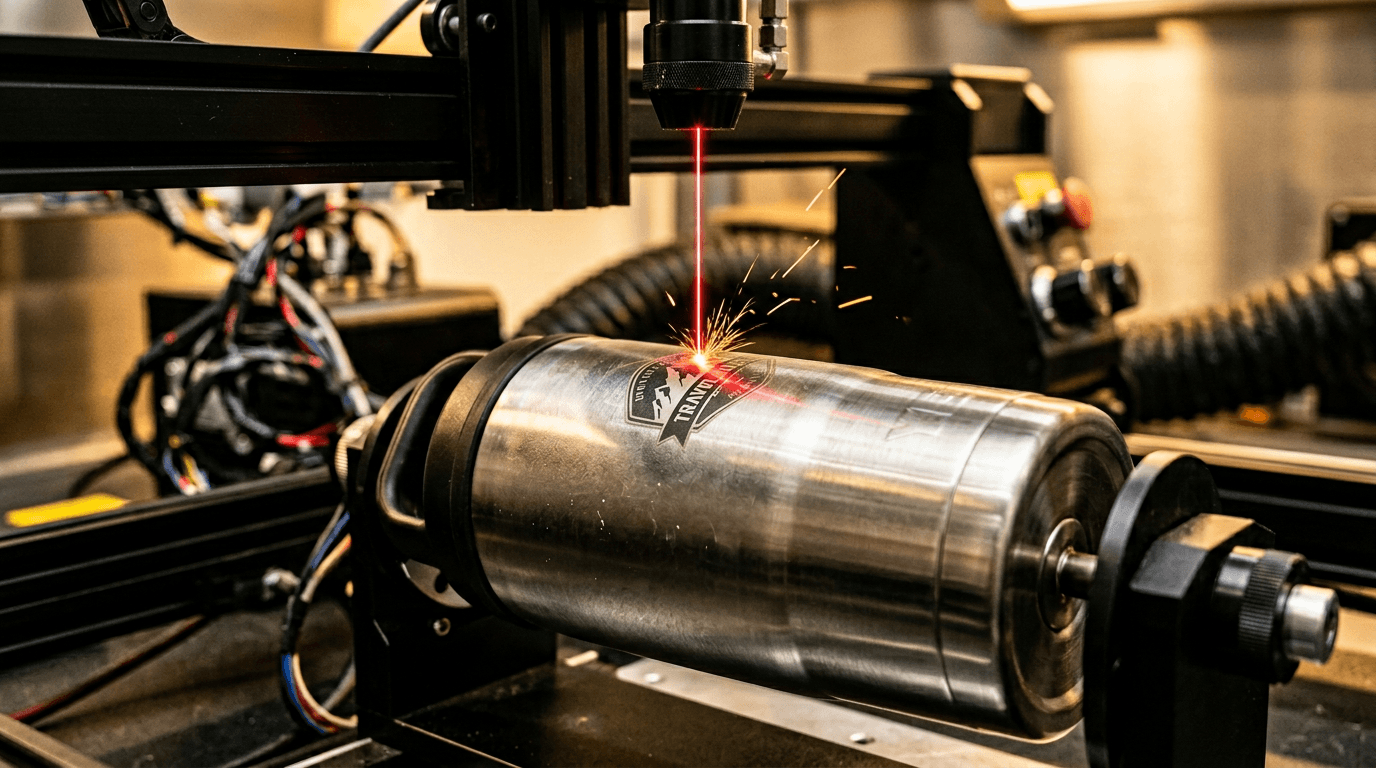 Caneca de inox com gravação a laser em detalhe sobre mesa de oficina