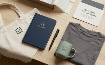 Kit boas-vindas corporativo com caderno, caneta, caneca e camiseta dobrada sobre mesa clara