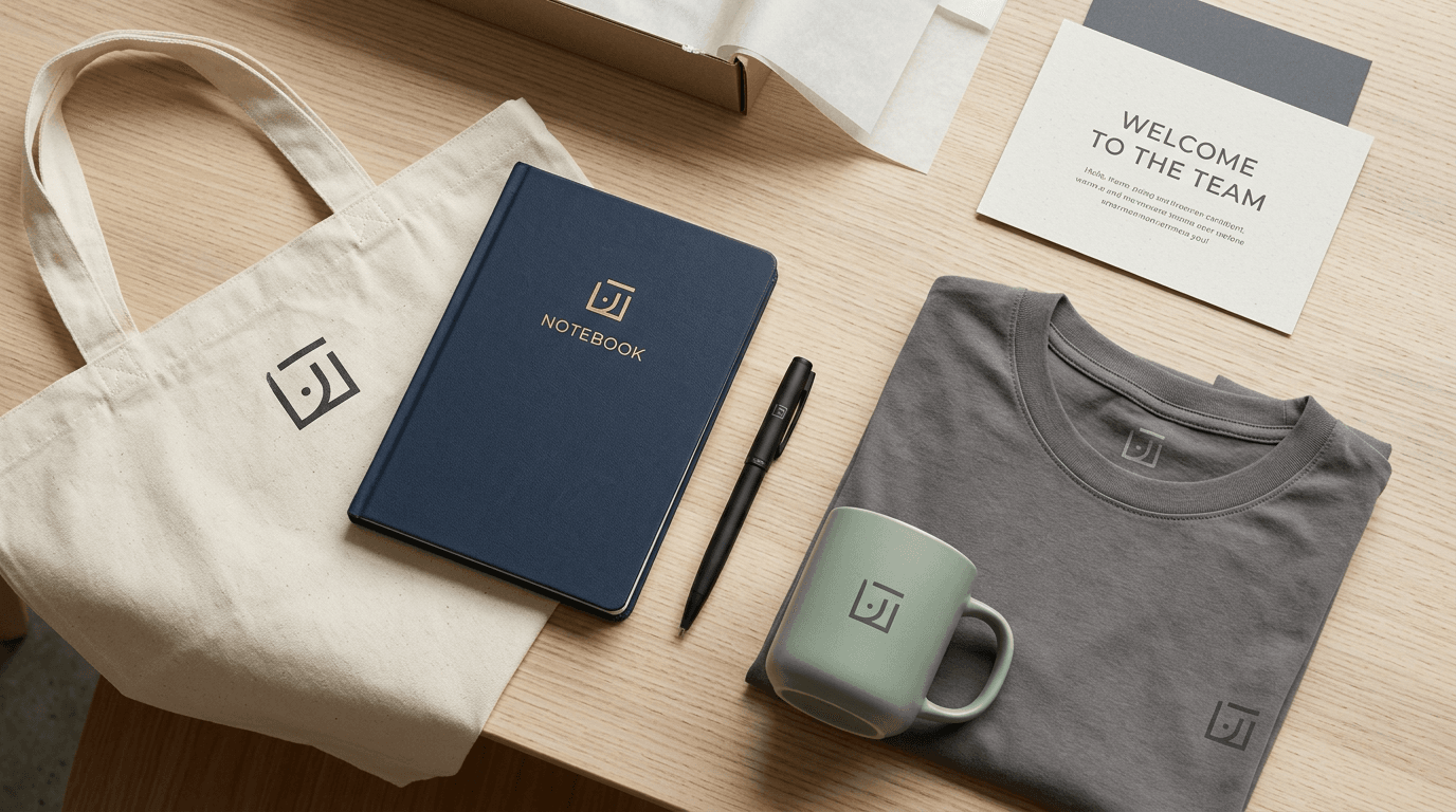 Kit boas-vindas corporativo com caderno, caneta, caneca e camiseta dobrada sobre mesa clara